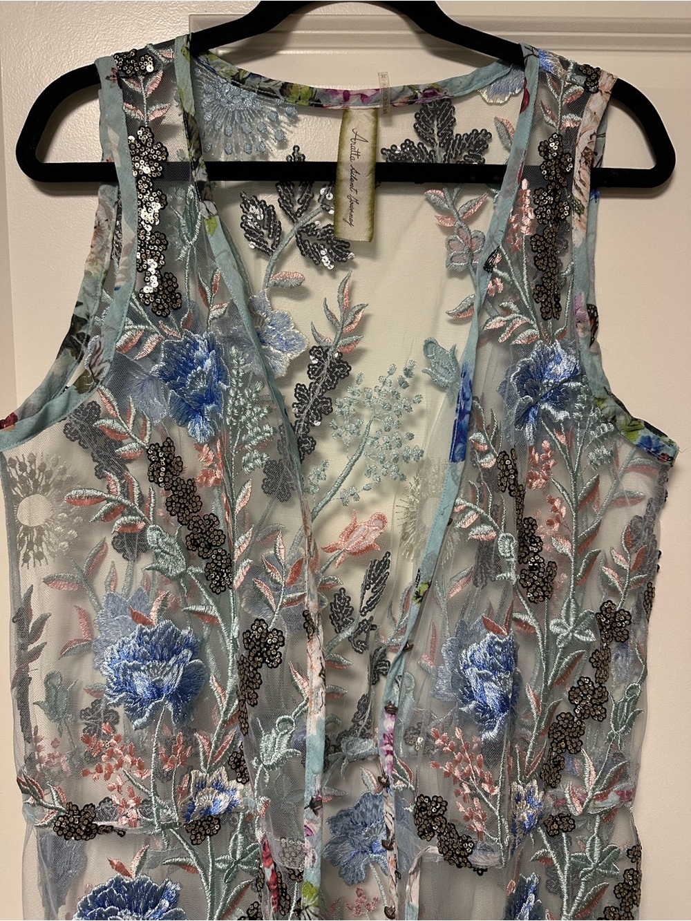 Aratta Silent Journey 2019 Collection Blue Floral Embroidered Mesh Sequin Duster